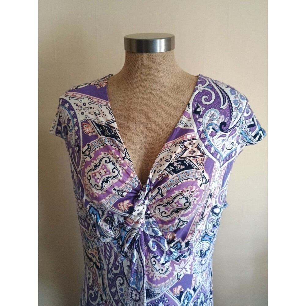 Chicos Maxi Dress Women's Size 3 (XL) Purple and Blue Cap Sleeve Side Slits Boho